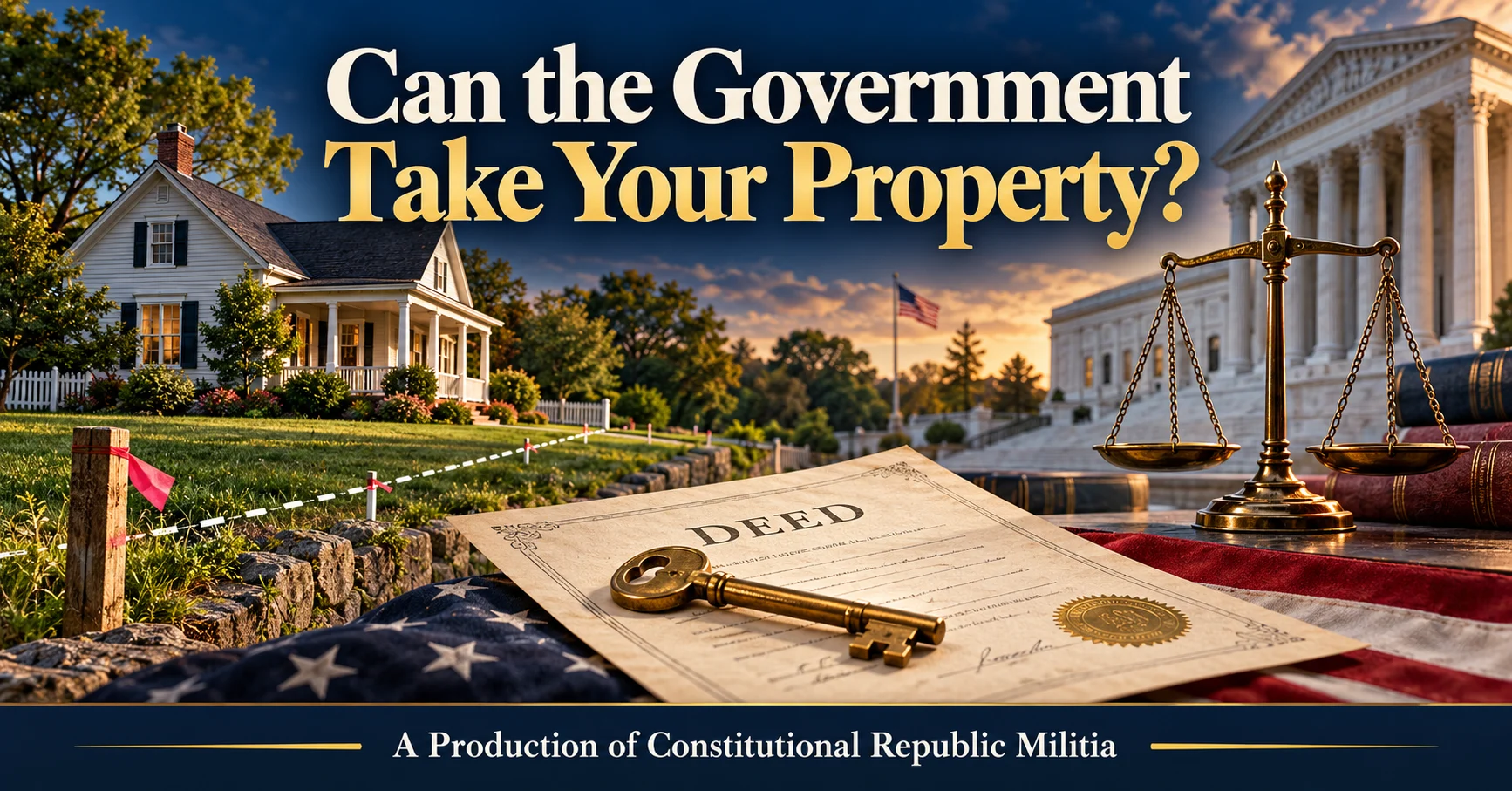 A white house stands beside a marked survey line, with a property deed and brass key in the foreground and scales of justice before courthouse columns. The title reads “Can the Government Take Your Property?” The footer reads “A Production of Constitutional Republic Militia.”