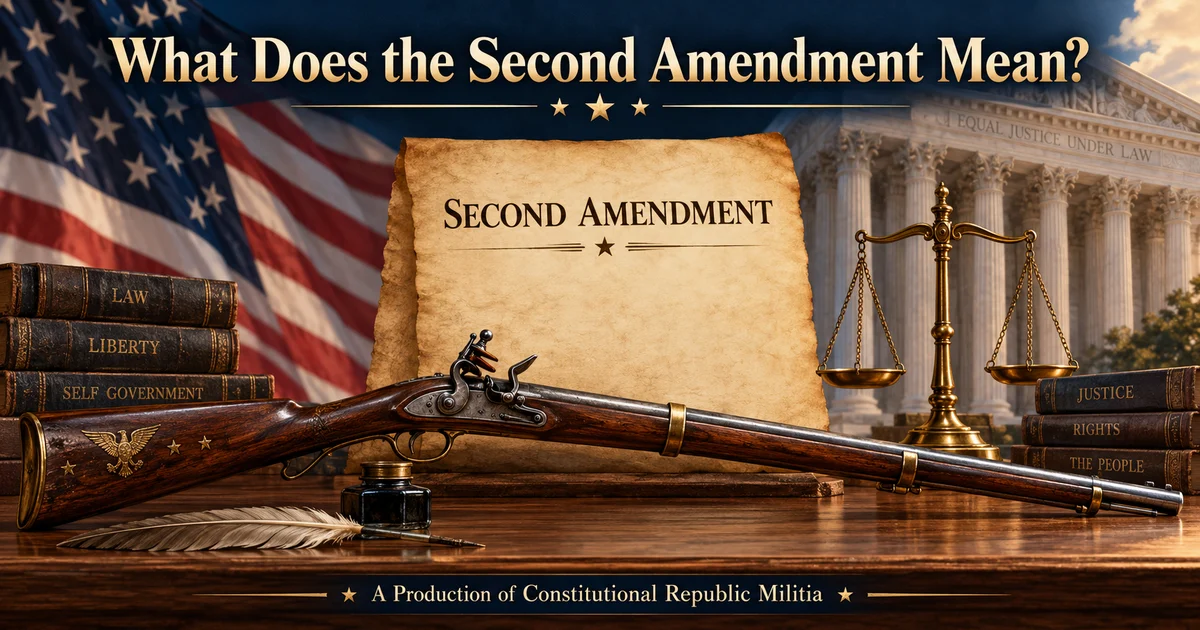 A flintlock musket rests before parchment labeled “Second Amendment,” with scales of justice, law books, an American flag, and the Supreme Court building. The title reads “What Does the Second Amendment Mean?” The footer reads “A Production of Constitutional Republic Militia.”